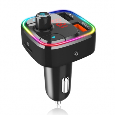 HK401 Black Universal Car Player Dual USB Car Charger Bluetooth Receiver FM Transmitter with RGB Light and Voice Assistant 